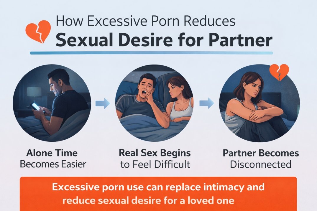 Infographic showing how excessive porn use reduces sexual desire for a partner and leads to emotional disconnection in marriage