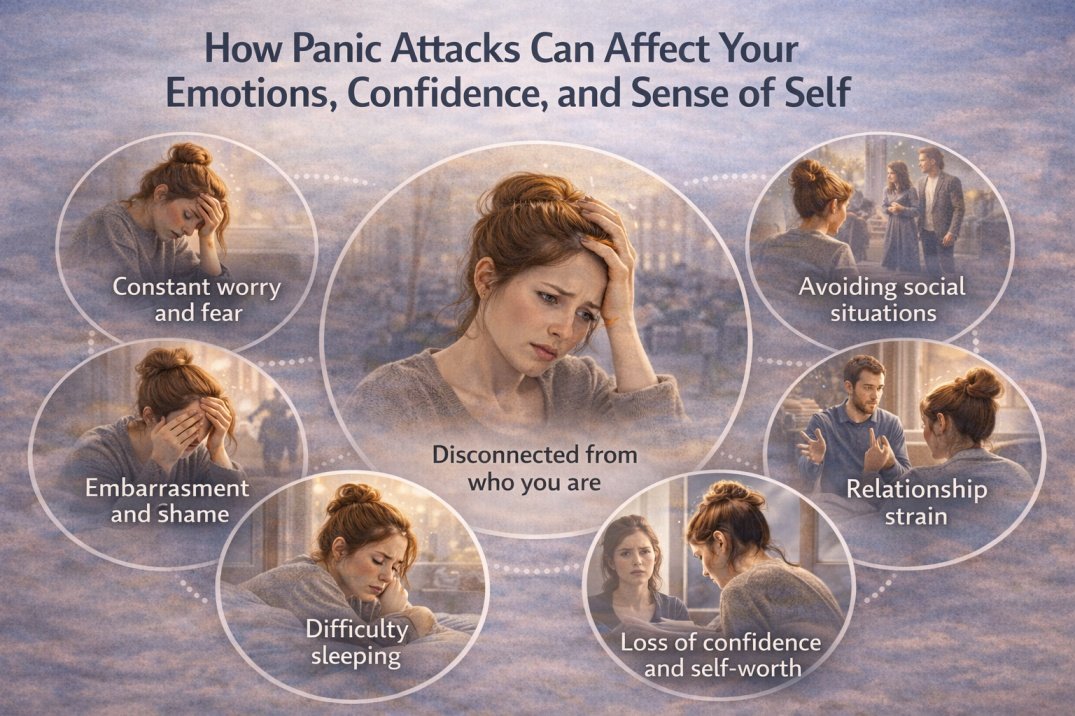 I’m 25 and Having Panic Attacks After Early Loss and Trauma - How Do I Heal? 4 Infographic showing how panic attacks affect emotions, confidence, and sense of self in your 20s
