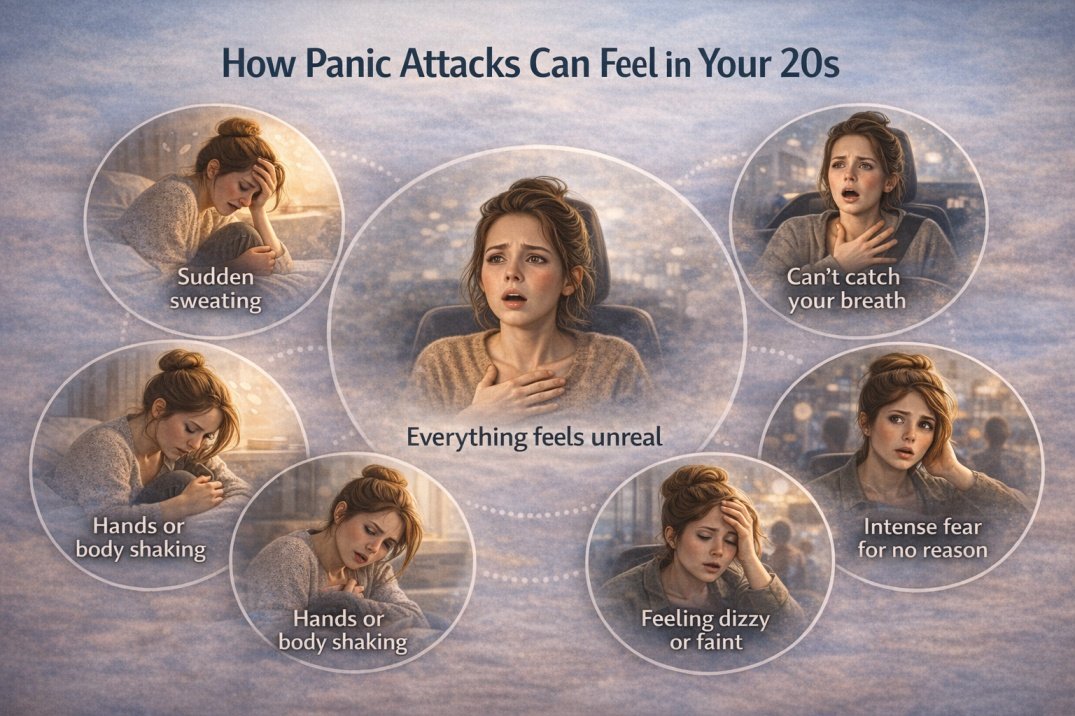 I’m 25 and Having Panic Attacks After Early Loss and Trauma - How Do I Heal? 3 Infographic showing common panic attack symptoms in your 20s including sweating, dizziness, shortness of breath, shaking, and intense fear