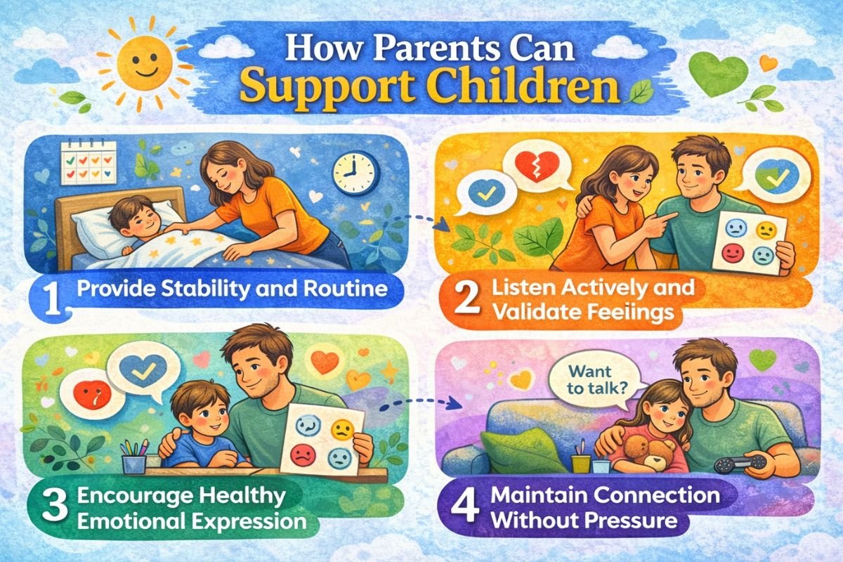 next image is How Parents Can Support Children make it graphic style and horizontal shape,, 1. Provide Stability and Routine, 2. Listen Actively and Validate Feelings, 3. Encourage Healthy Emotional Expression, 4. Maintain Connection Without Pressure