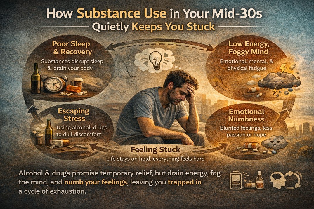 infographic showing how substance use in mid-30s adults leads to low energy, poor sleep, emotional numbness, and feeling stuck in life