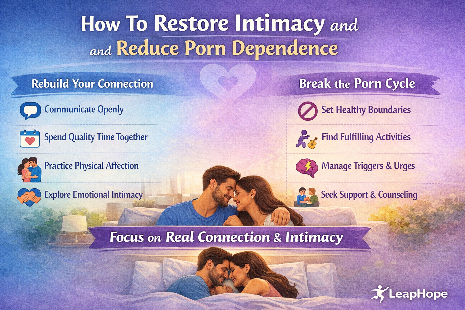 infographic showing steps to restore intimacy and reduce porn dependence in marriage