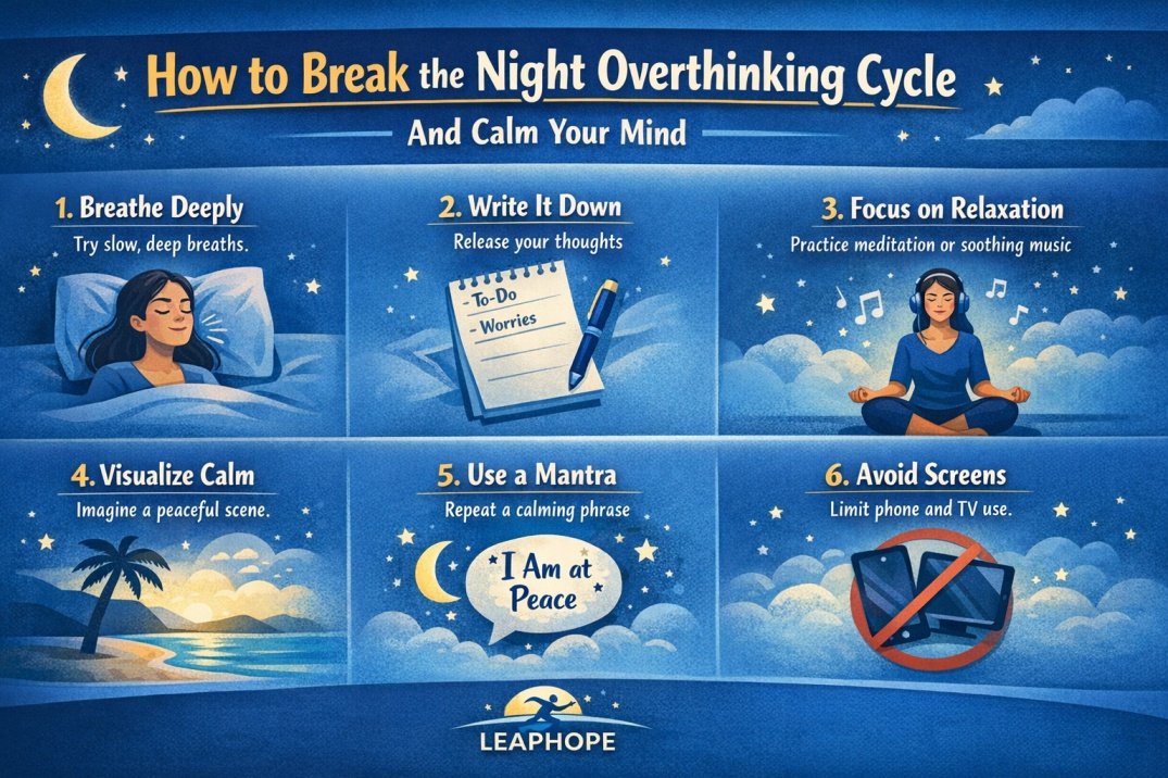 Infographic showing how to break the night overthinking cycle and calm your mind to sleep, including relaxation techniques and stress reduction steps