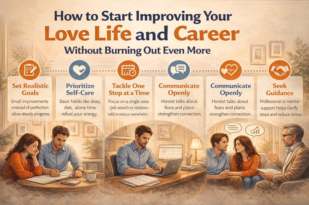 Infographic showing steps to improve love life and career without burnout, including goals, communication, and skill building