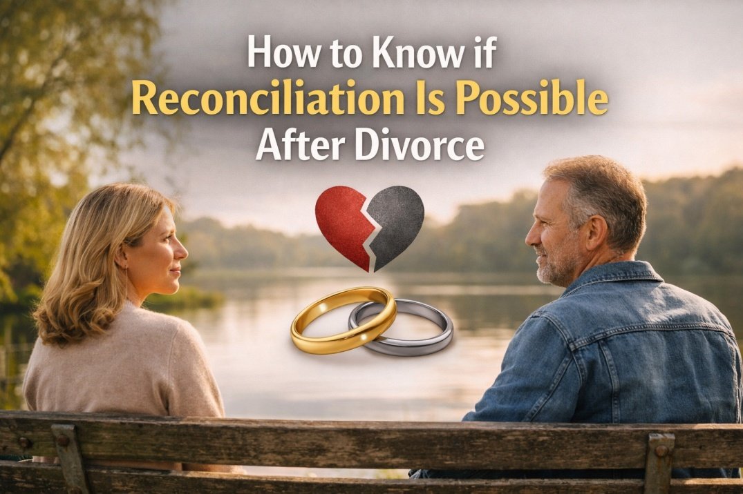 I’m in My 40s and We’ve Finalised Our Divorce, Should We Consider Reconciliation? 4 Divorced couple in their 40s sitting apart with broken heart symbol, reflecting on whether reconciliation after divorce is possible