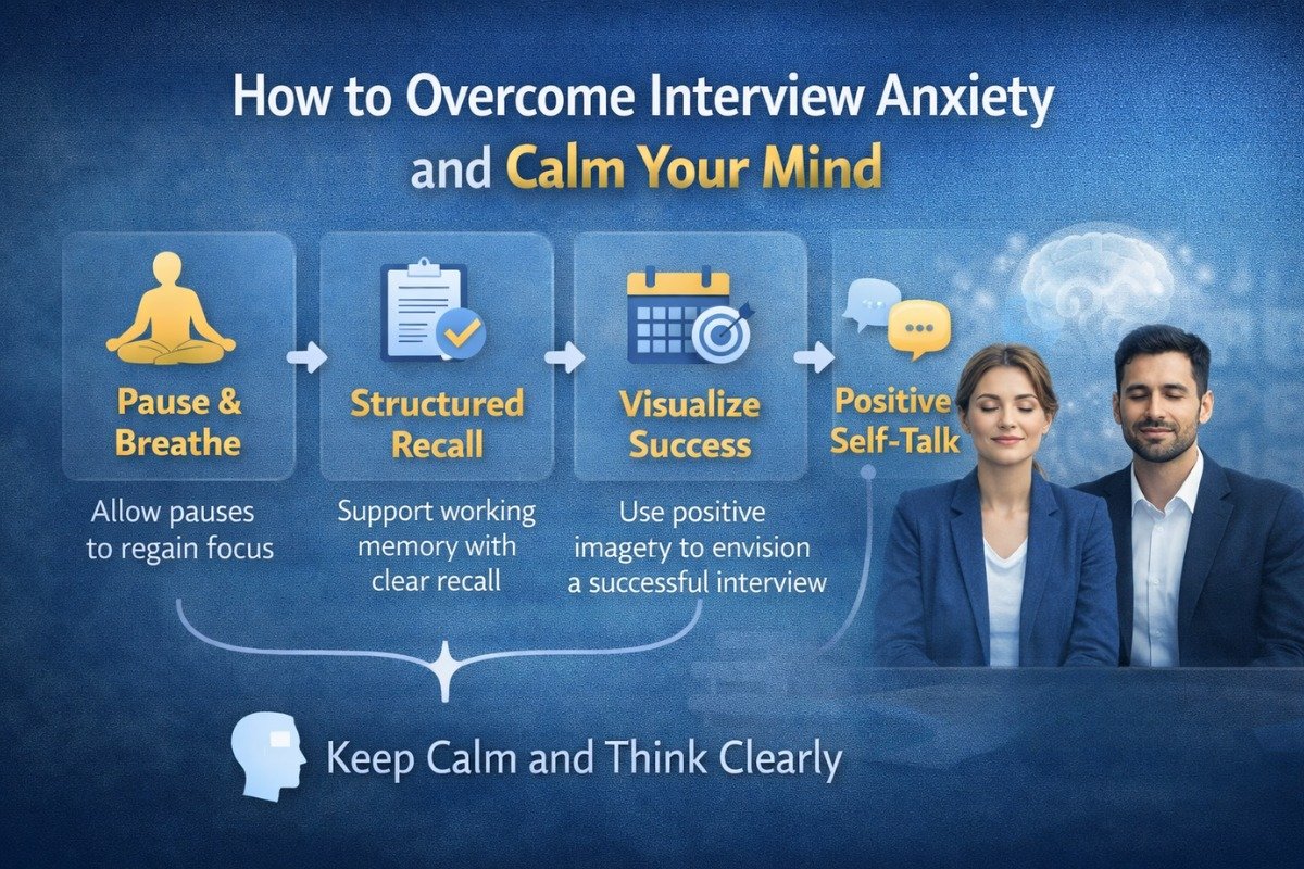 Infographic showing how to overcome interview anxiety using pause and breathe, structured recall, and calming techniques