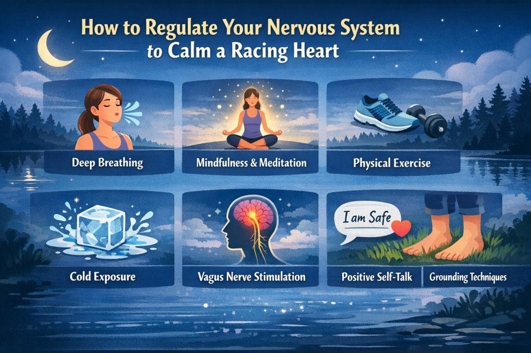Infographic showing ways to regulate the nervous system to calm a racing heart including breathing, mindfulness, exercise, grounding, and relaxation techniques