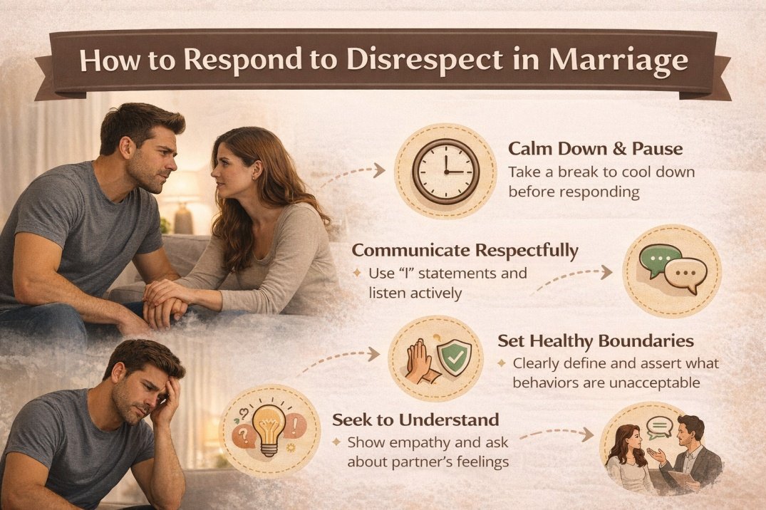 I’m 35+ and We Keep Fighting, Why Does It Feel Like There’s No Respect Left? 7 Infographic showing ways for husbands and wives to respond to disrespect in marriage including staying calm, setting boundaries, and healthy communication
