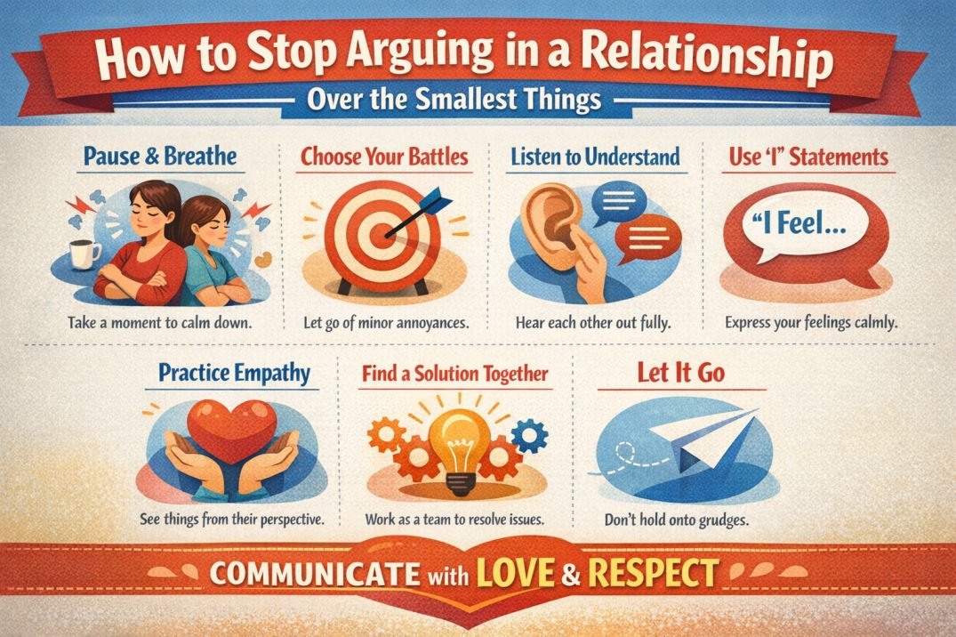 Infographic showing practical tips to stop arguing in a relationship over small issues, including communication, empathy, and conflict resolution