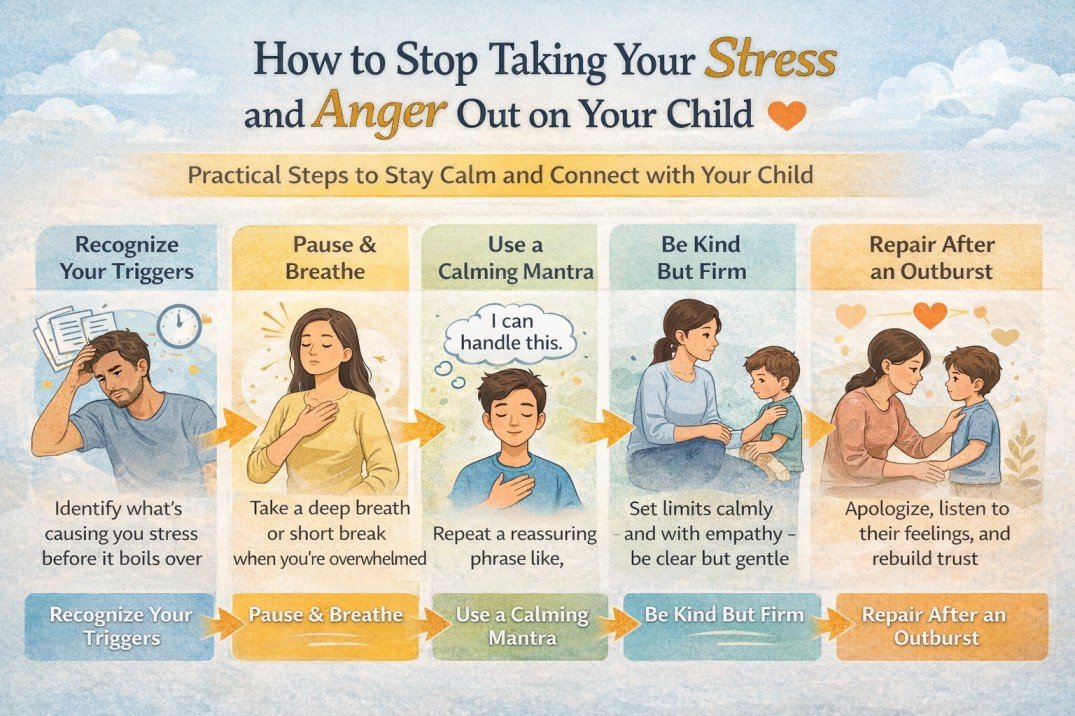 Infographic showing steps parents can use to stop taking stress and anger out on their child, including pause, breathe, and repair after shouting