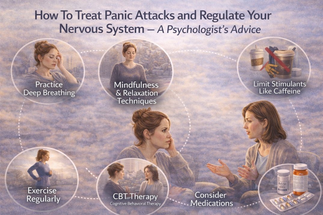 I’m 25 and Having Panic Attacks After Early Loss and Trauma - How Do I Heal? 5 Infographic showing psychologist-recommended ways to treat panic attacks and regulate the nervous system including CBT therapy, breathing, mindfulness, exercise, and medication