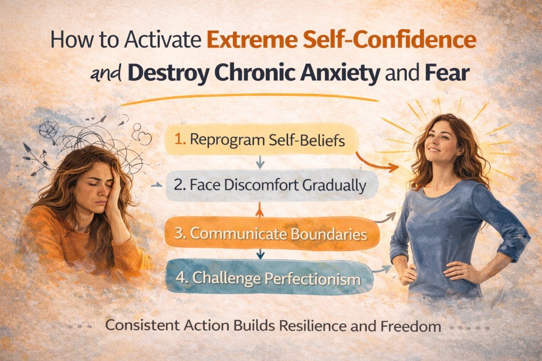 Infographic showing steps to build extreme self-confidence and overcome chronic anxiety and fear