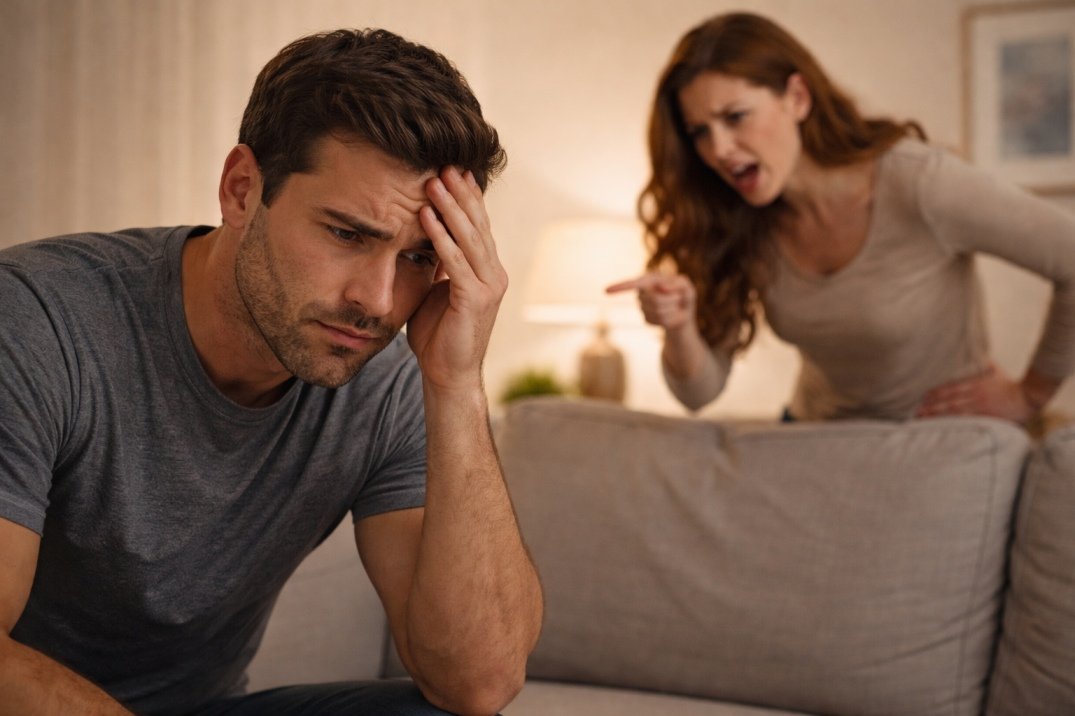 I’m 35+ and We Keep Fighting, Why Does It Feel Like There’s No Respect Left? 6 Husband looking distressed while wife yells during argument showing disrespect in marriage