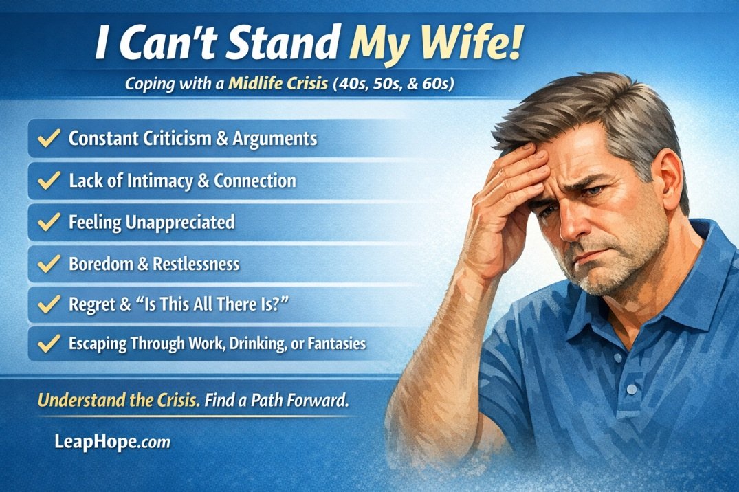 Midlife husband feeling frustrated and unhappy in long marriage, relationship distress after decades together