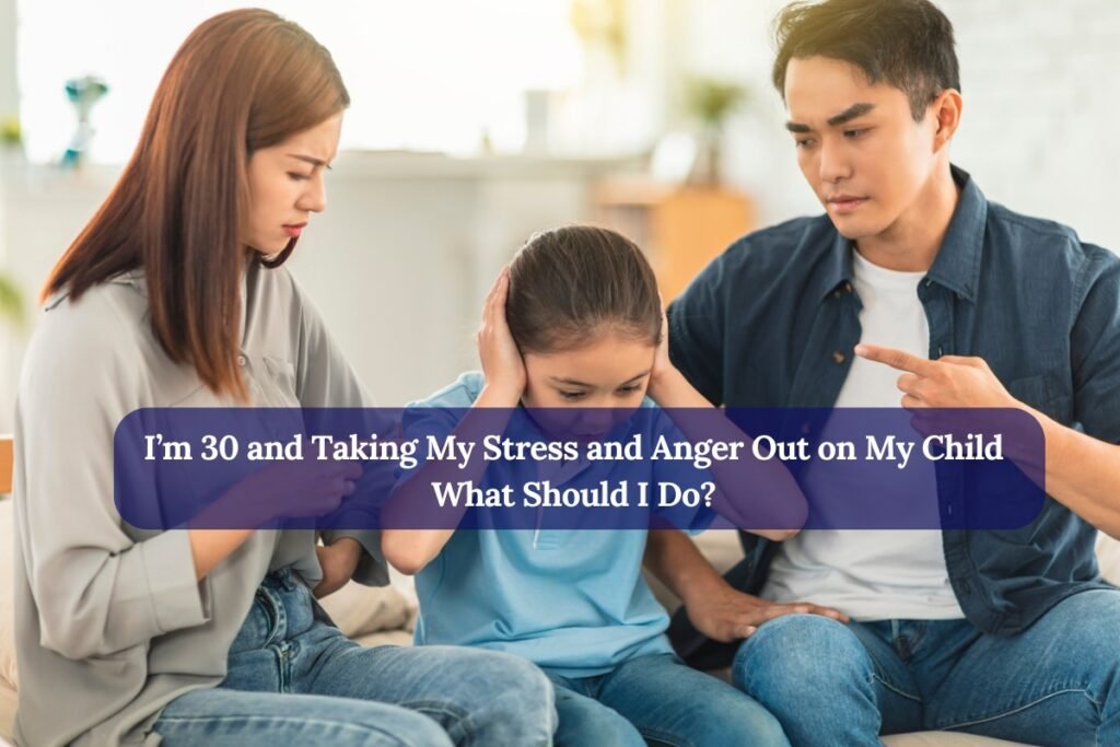 Mother and father looking stressed while their young child sits nearby at home, representing parenting pressure and emotional overwhelm
