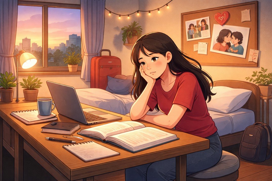 Young female international student sitting at a desk looking worried and distracted while studying in a dorm room.