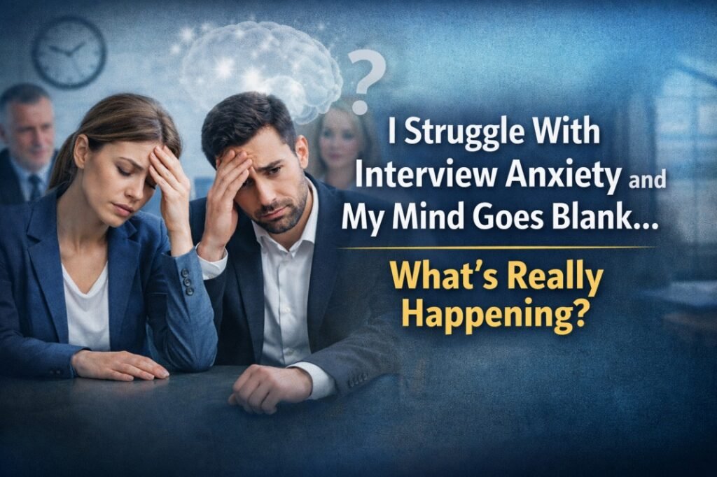 Man and woman experiencing interview anxiety and mind going blank during job interview