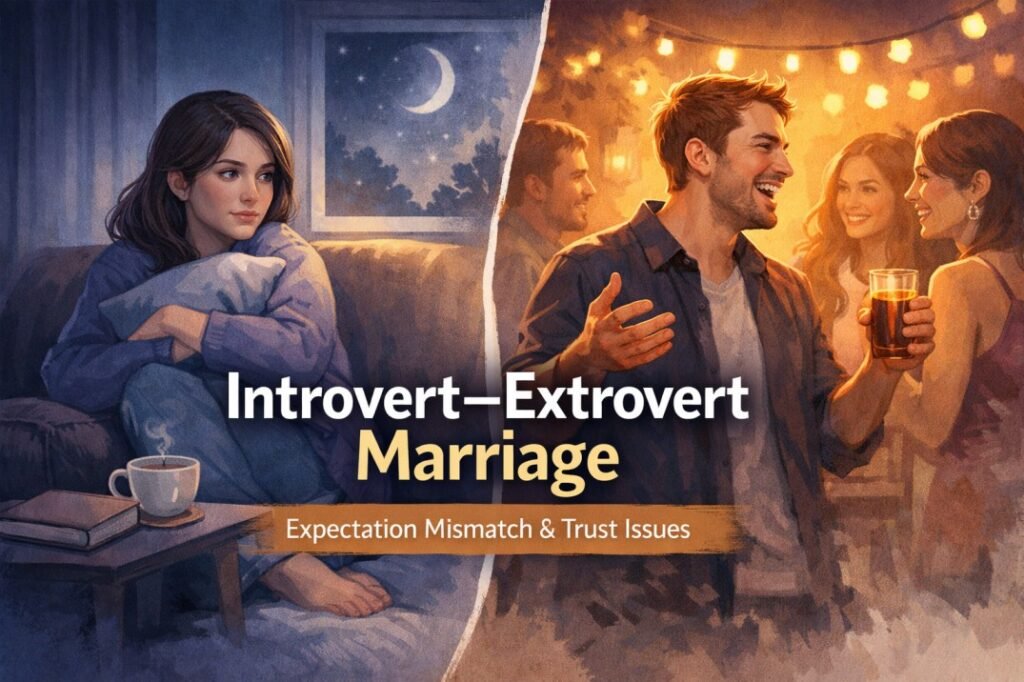 Introvert and extrovert couple experiencing expectation mismatch and trust issues in marriage