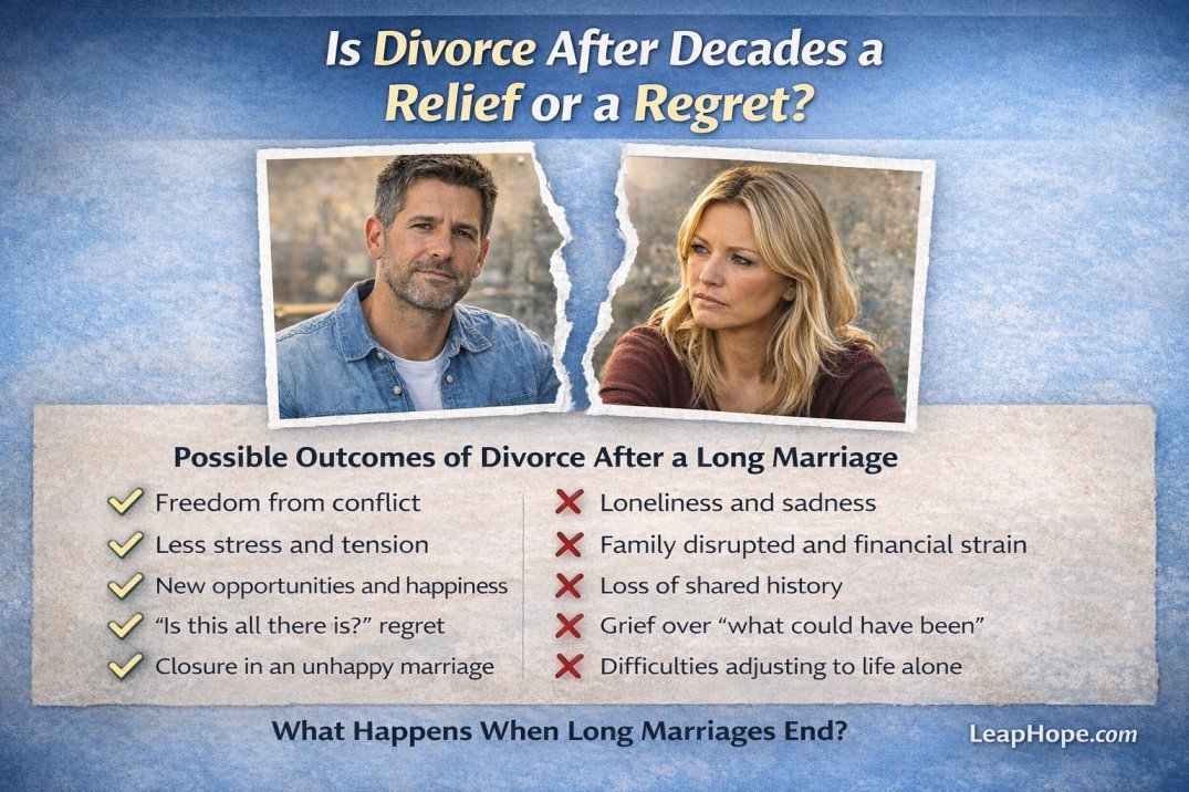 Infographic about divorce after a long marriage showing emotional outcomes like relief, loneliness, and life changes