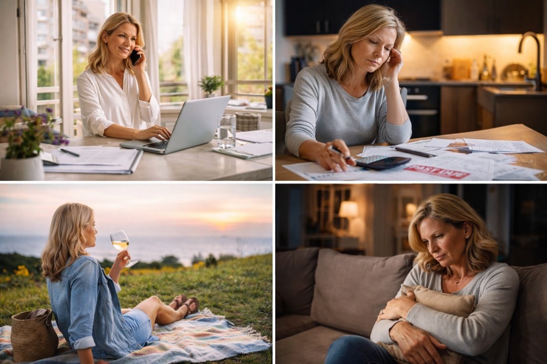 I’m in My 40s and We’ve Finalised Our Divorce, Should We Consider Reconciliation? 3 Split image showing a woman in her 40s living independently and working on career on one side, and facing loneliness and financial stress on the other after divorce