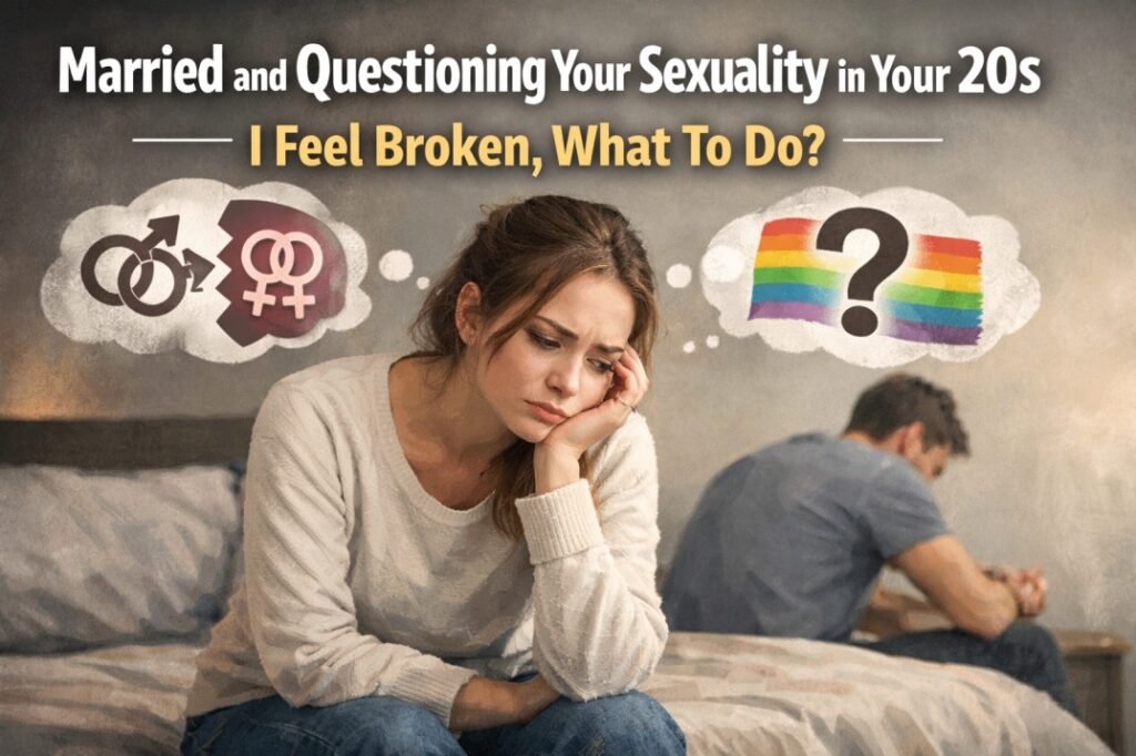 Married woman in her 20s feeling confused about sexuality and intimacy, sitting apart from partner on bed