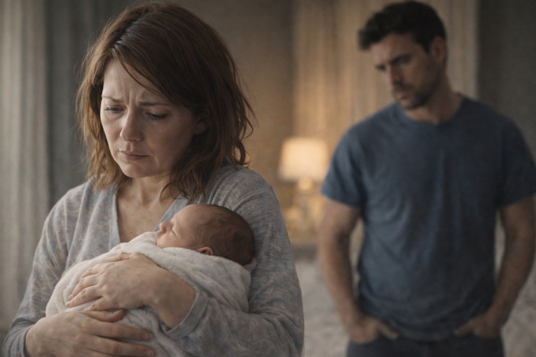 37-year-old mother holding newborn baby while feeling emotionally distressed after a traumatic birth, with husband in the background