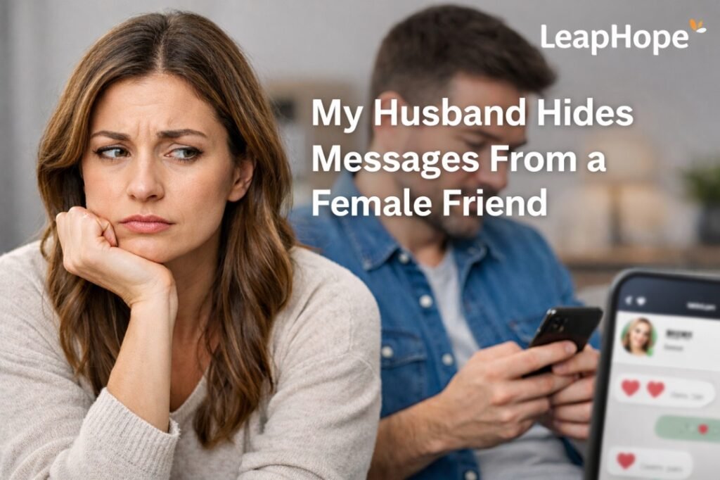 Frustrated wife sitting beside husband secretly texting a female friend on his phone