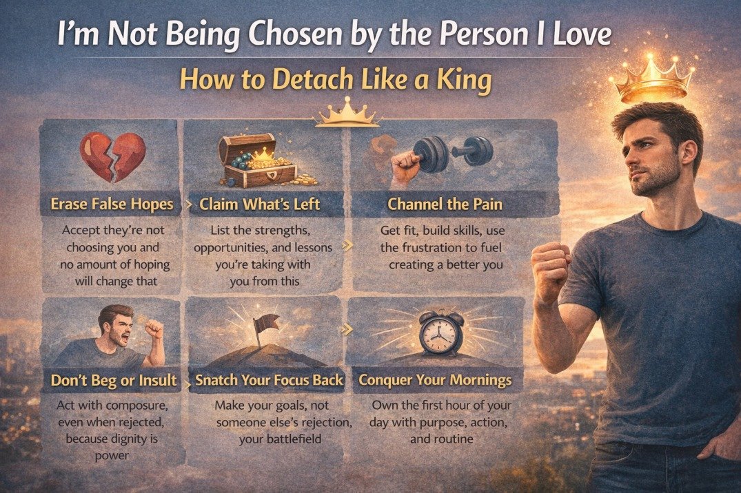 Struggling to move on after not being chosen? Learn how men can detach emotionally, rebuild self-respect, and regain control without chasing or begging.