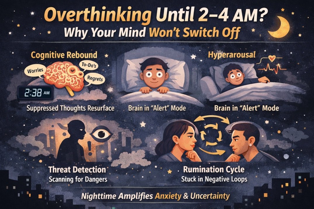 Infographic explaining why people overthink until 2–4 AM and cannot fall asleep, including hyperarousal, rumination, threat detection, and stress response