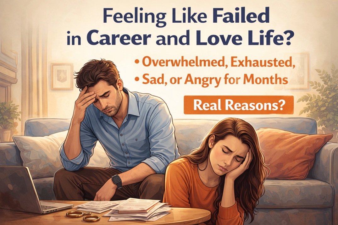 Man and woman in their 30s sitting apart looking drained and worried due to career setbacks and relationship stress