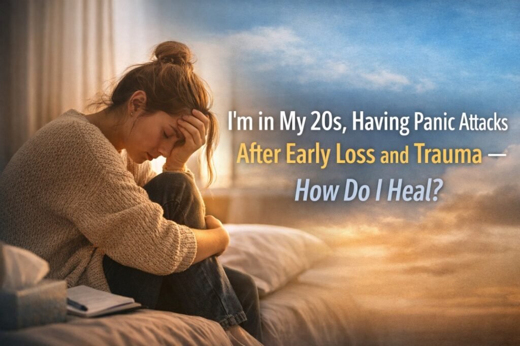 I’m 25 and Having Panic Attacks After Early Loss and Trauma - How Do I Heal? 2 Young woman in her 20s experiencing panic attacks after loss or trauma, looking distressed on bed