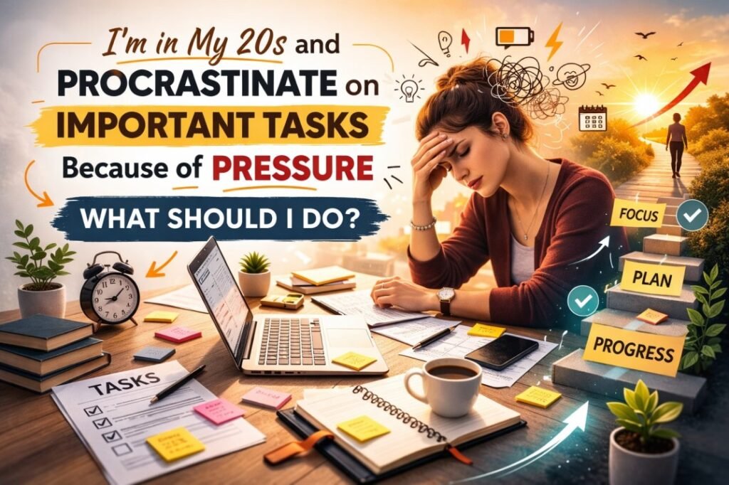 Woman in her 20s overwhelmed at desk procrastinating on important tasks due to pressure, symbolizing stress, burnout, and desire for focus and progress