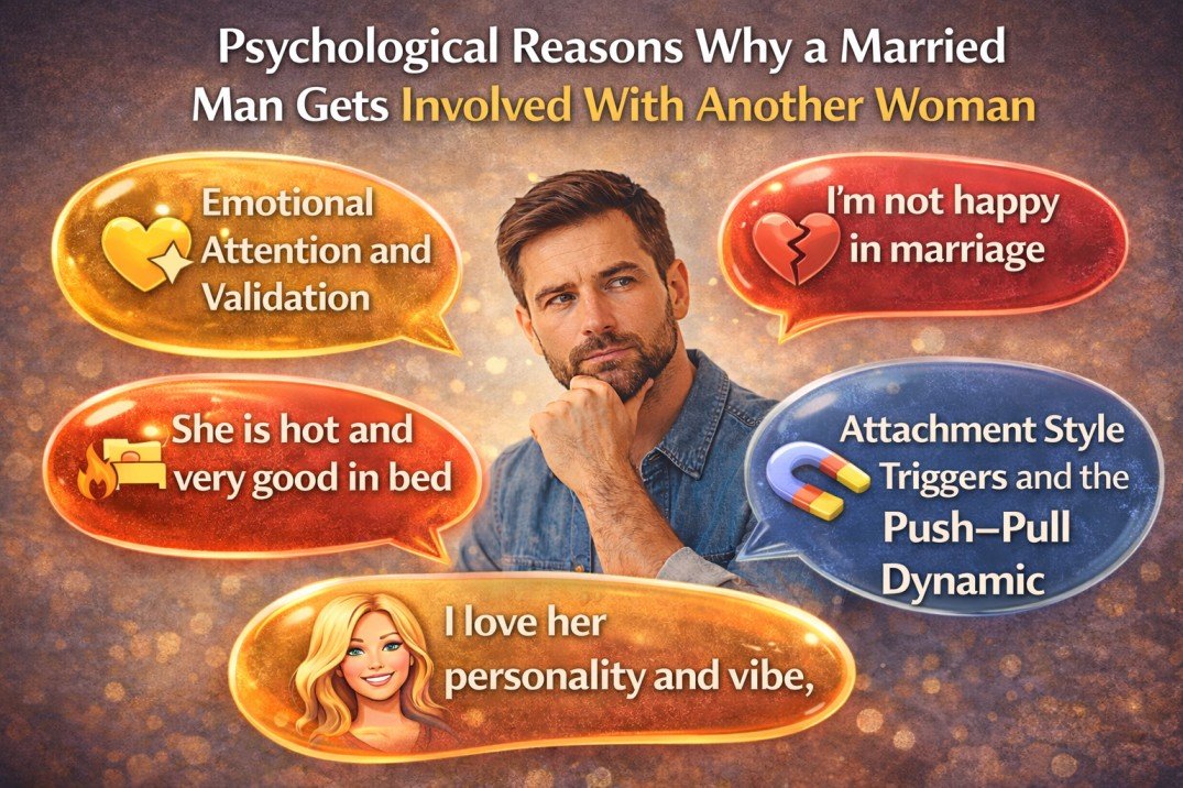 married man thinking about attraction to another woman with psychological reasons shown in bubbles around him