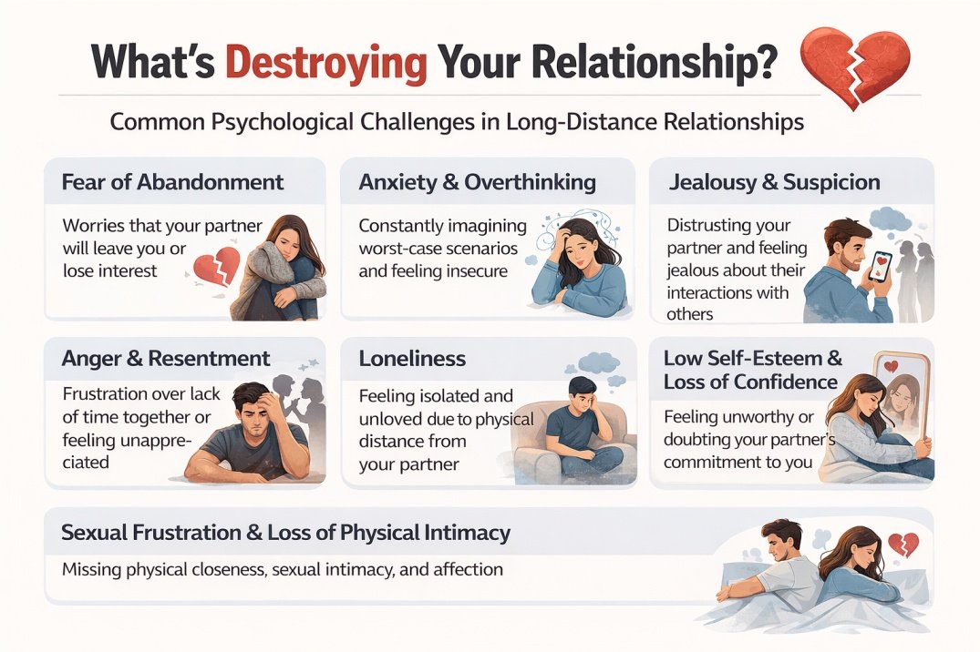 My Long Distance Marriage Is Triggering My Fear of Abandonment and Anxiety – What Should I Do? 3 Common psychological challenges couples face in a long-distance marriage including anxiety, jealousy, loneliness, and loss of intimacy infographic