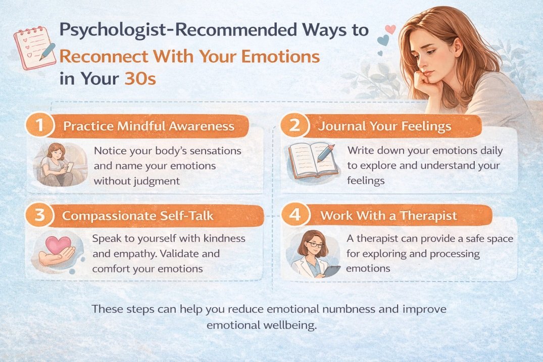 Infographic showing psychologist-recommended ways to reconnect with emotions in your 30s and improve emotional awareness