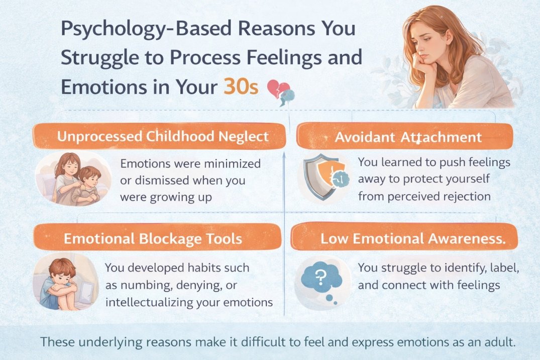 Infographic showing psychology-based reasons adults in their 30s struggle to feel and process emotions, including childhood neglect and avoidant attachment