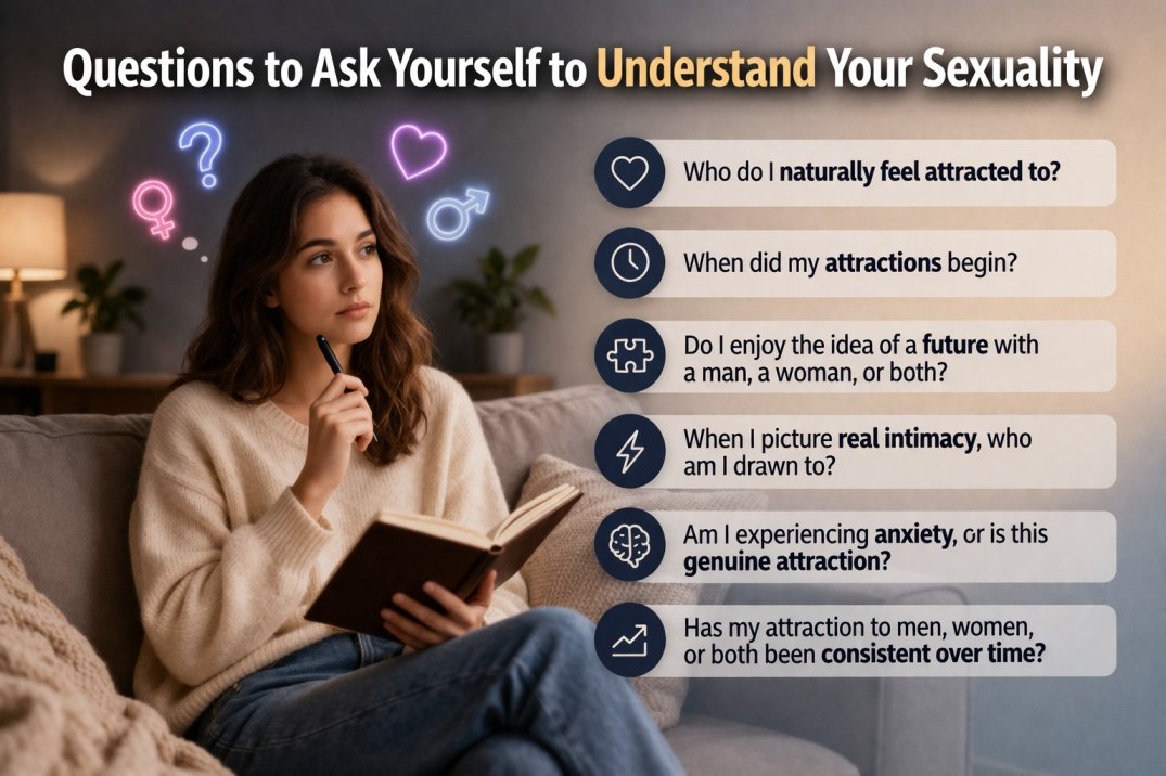 Woman reflecting and journaling with questions to understand sexuality and attraction