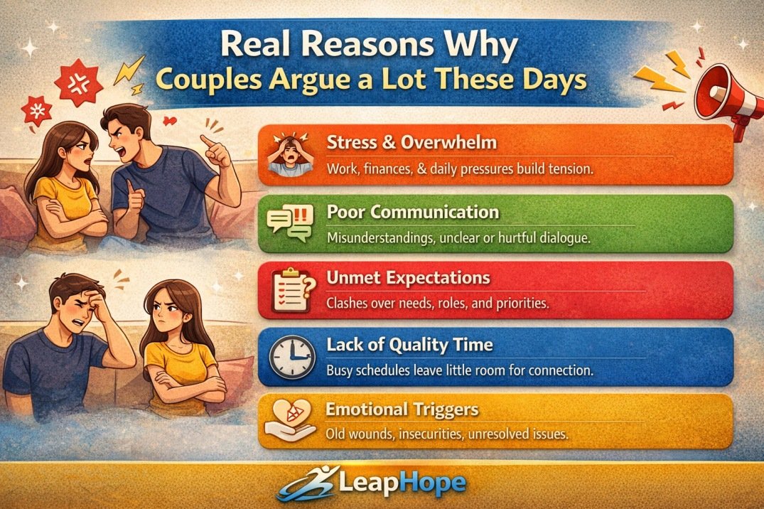 Infographic showing real reasons couples argue a lot today including stress, poor communication, unmet expectations, lack of time, and emotional triggers