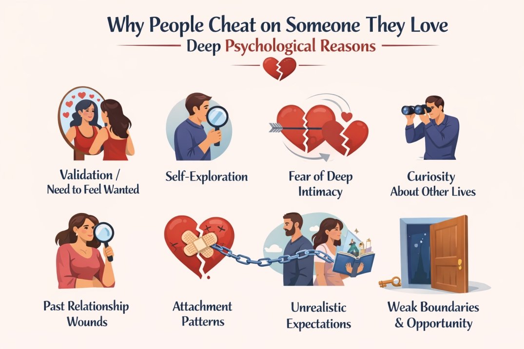 I Cheated but I Still Love My Partner, Why Did I Do It? 3 Infographic showing deep psychological reasons why people cheat on someone they love, including validation needs, emotional loneliness, fear of intimacy, attachment patterns, insecurity, unrealistic expectations, curiosity about other lives, and weak boundaries.