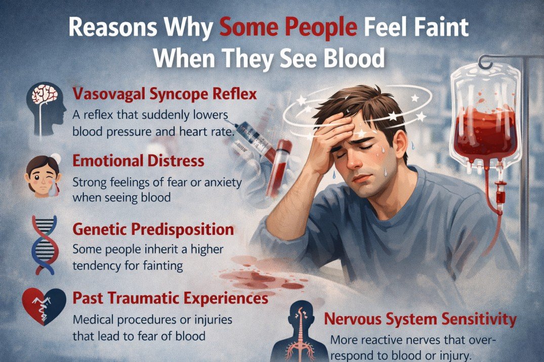 Infographic explaining reasons why some people feel faint when they see blood, including vasovagal reflex, fear response, genetics, and nervous system sensitivity