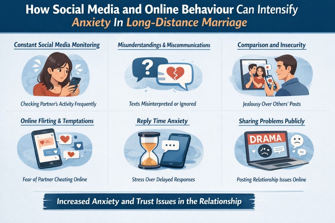 My Long Distance Marriage Is Triggering My Fear of Abandonment and Anxiety – What Should I Do? 4 Infographic showing how social media and online behaviour increase anxiety and trust issues in long-distance marriage