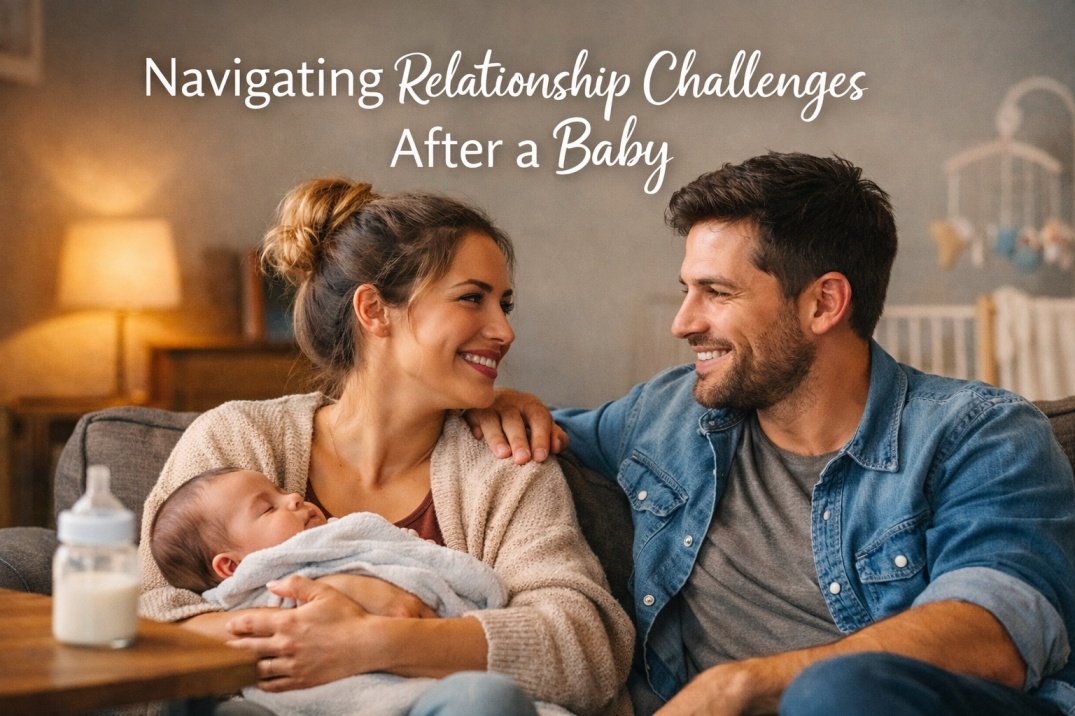 Couple holding their newborn baby while reconnecting emotionally after becoming parents