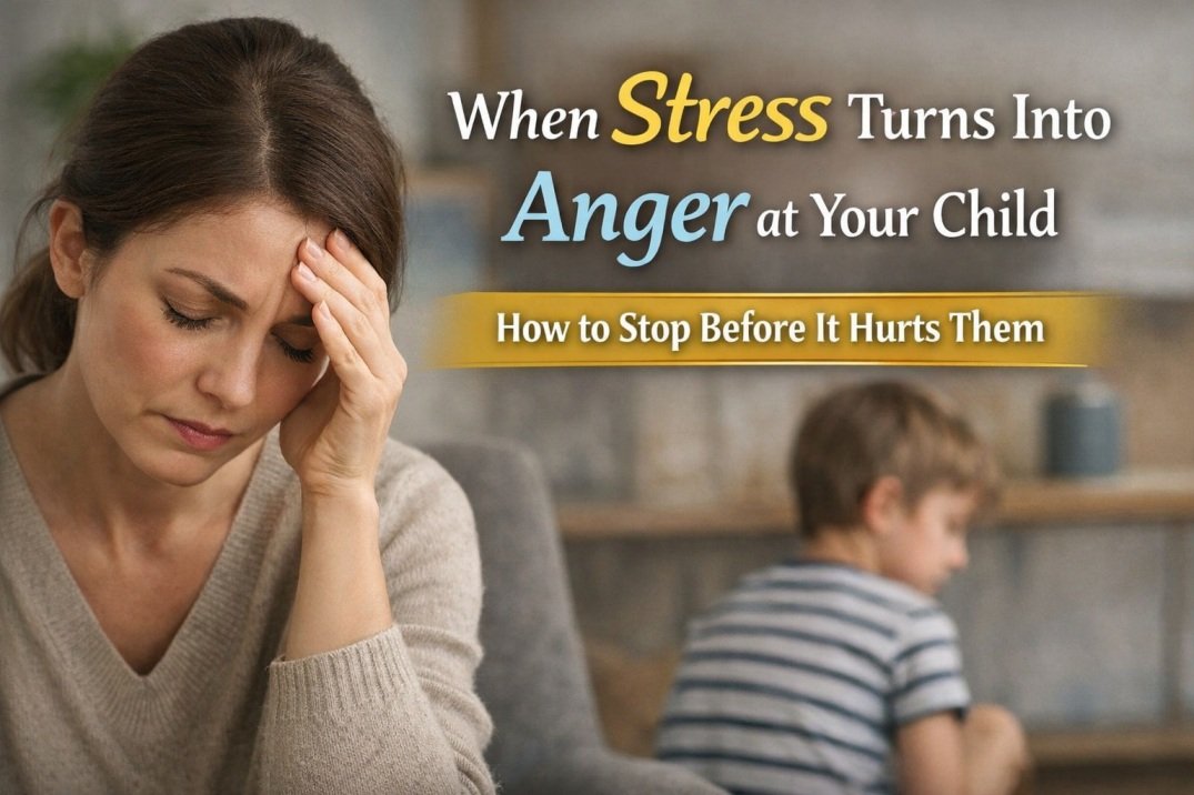 Exhausted mother holding her head while her young son sits sadly in the background after a conflict at home