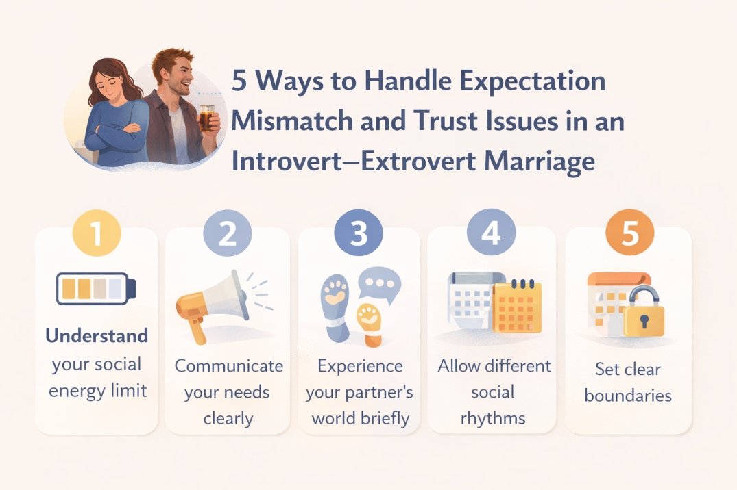 Infographic showing 5 ways to handle expectation mismatch and trust issues in an introvert extrovert marriage