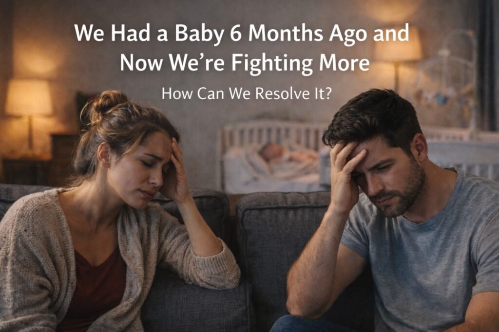 Couple feeling stressed and arguing after having a baby while the baby sleeps in the background