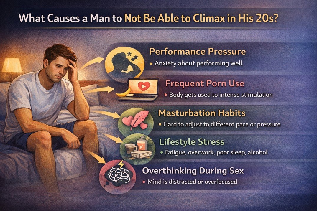 Infographic explaining common reasons a man in his 20s may struggle to climax during sex, including performance pressure, porn habits, stress, and overthinking.