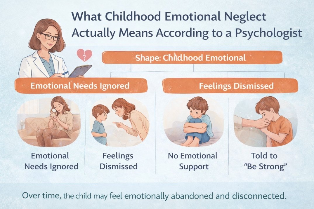 Infographic explaining what childhood emotional neglect means and how ignored emotional needs affect children
