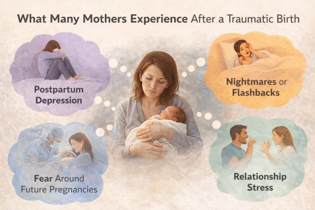 Infographic showing common emotional effects mothers experience after a traumatic birth