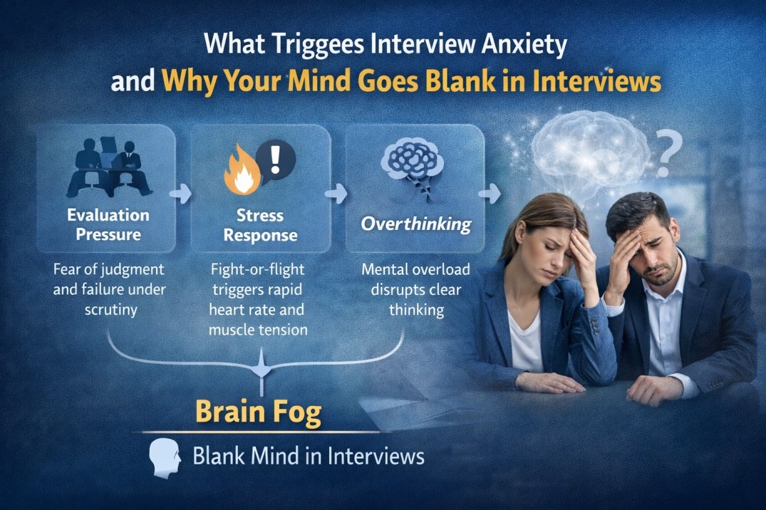 Infographic showing causes of interview anxiety including evaluation pressure, stress response, overthinking, and blank mind during interviews