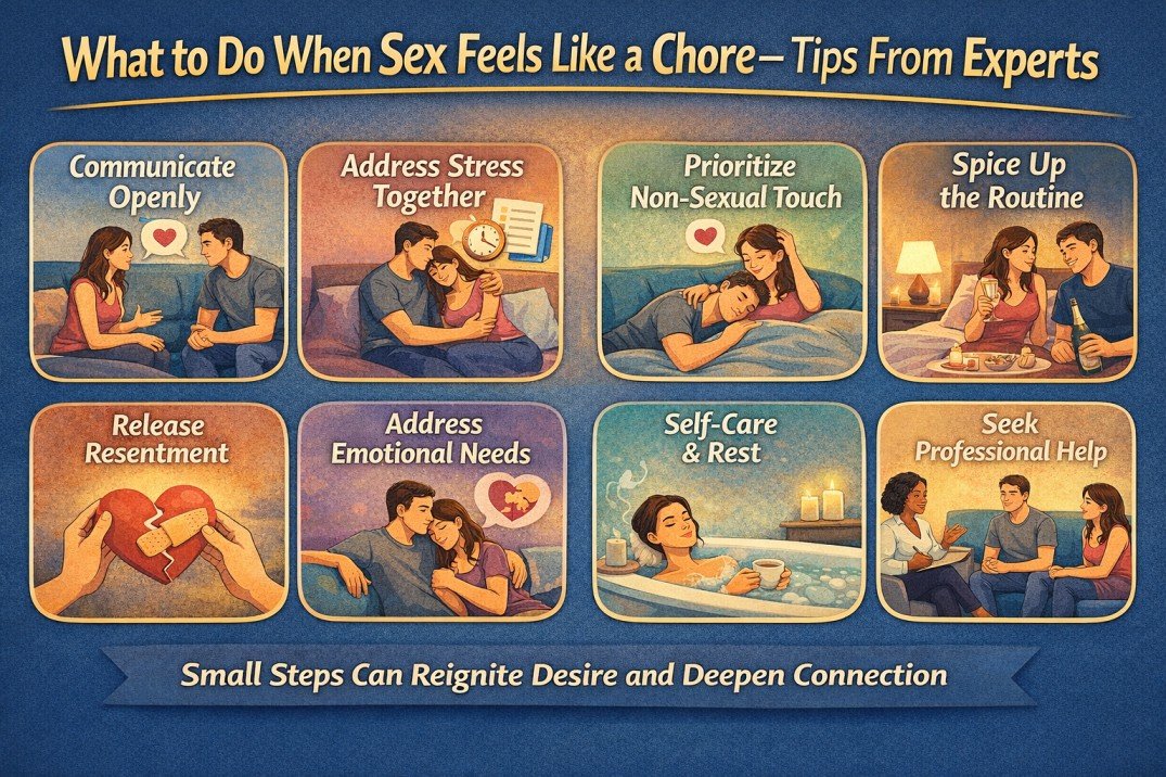 Infographic showing expert tips on what to do when sex feels like a chore in a relationship